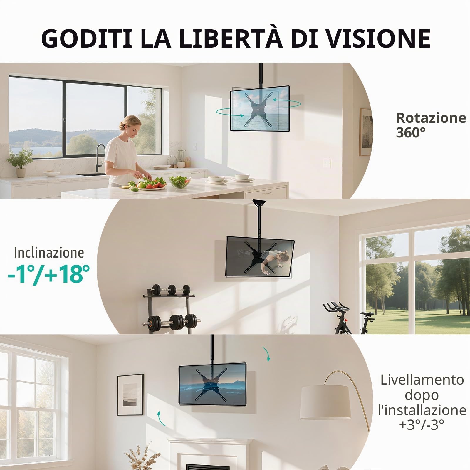 WALI Supporto da soffitto per TV a soffitto, inclinabile, orientabile, per schermo piatto da 26 a 65 pollici, supporta fino a 50 kg, VESA max 400 x 400 mm, supporto per soffitto piatto e inclinato,