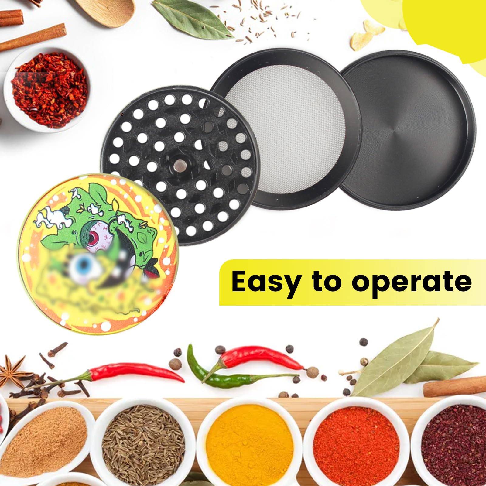Grinder duża kruszarka 63 mm młynek do przypraw ze skrobakiem i plastikową szczotką szlifierki 4 warstwy żółty design kreskówka młynek do pyłków metal 4-częściowy zestaw do przypraw