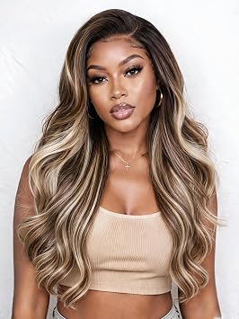 13x6 Lace Layered Wavy Wig Curly Highlight Brown Futura Fiber Synthetic Wig Pre Plucked Wavy Wigs for Women Daily Party Use