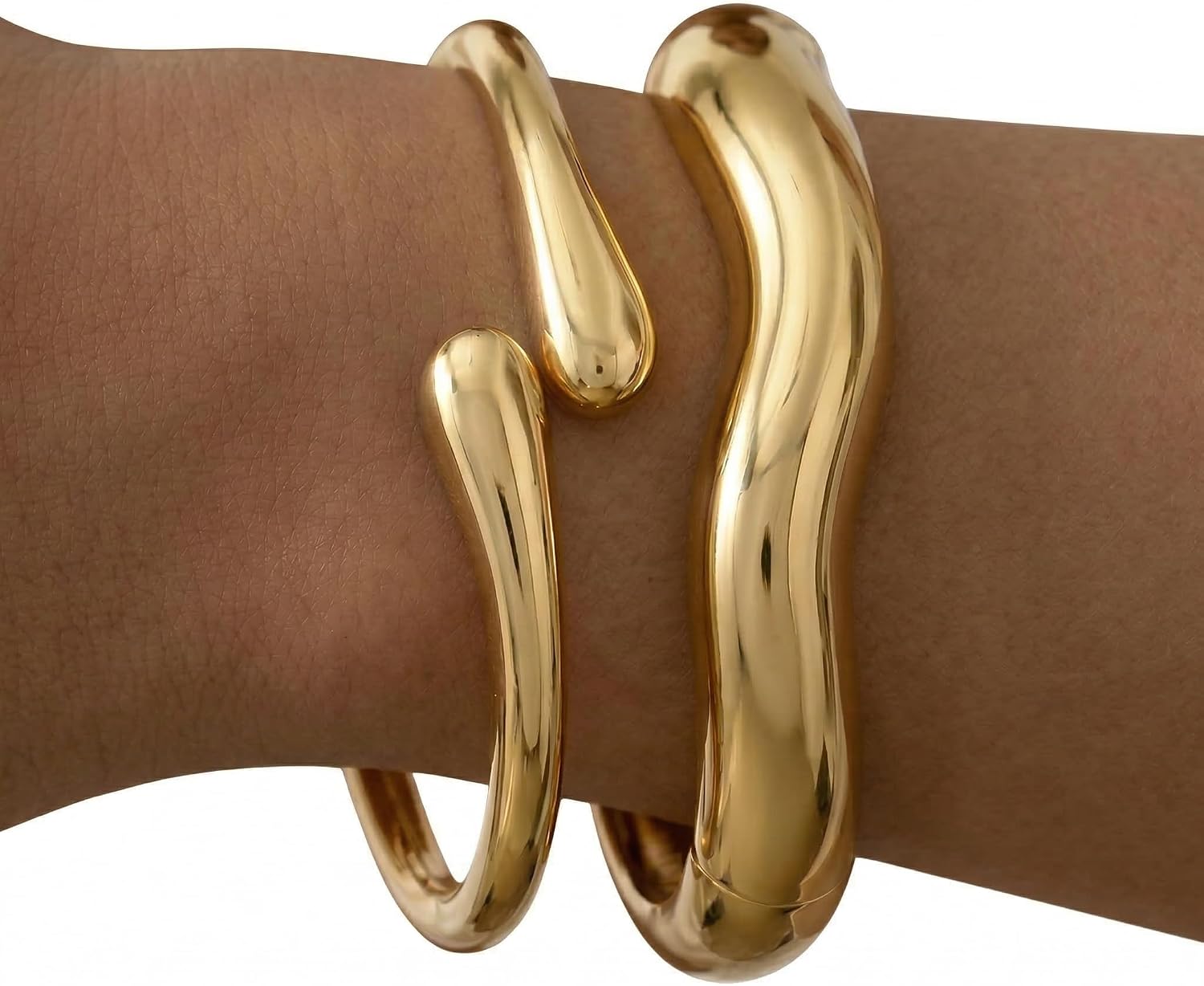 Chunky Cuff Bracelet Set for Women, 2PCS Stackable Statement Bangle Bracelets, Trendy Sculptural Wave Bracelet Duo, Minimalist Fashion Jewelry, Everyday Layered Wrist Accessories Gift for Women