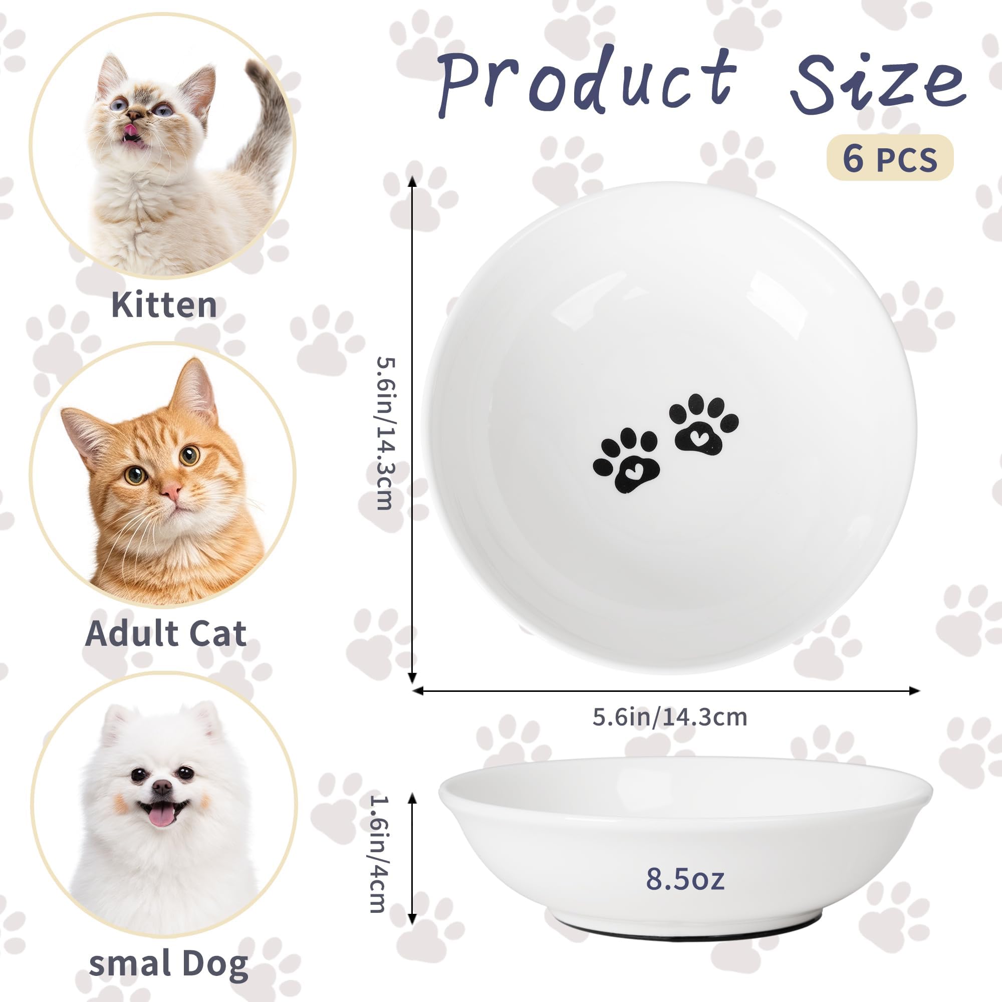Lot de 6 gamelles pour chat en céramique anti-moustaches et fatigue - Assiettes peu profondes pour nourriture humide et sèche et eau - Base en silicone antidérapante (éléments classiques