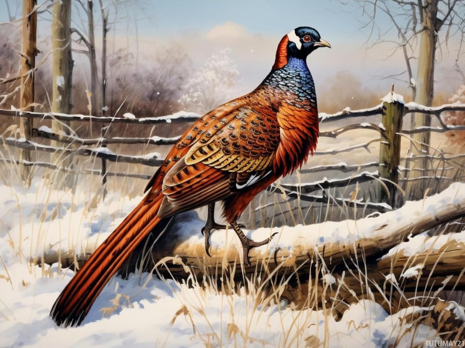 TUTUMAY21 Pheasant Stand on Snow Field DIY 5D Diamond Art Painting by Number Kits for Adults Paint with Round Full Drill Diamond Gems Painting Art Craft for Home Wall Decor 12x16inch