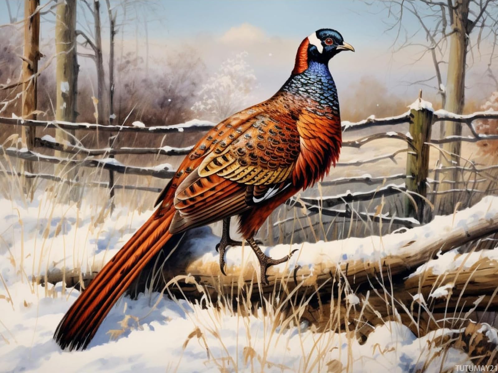 TUTUMAY21 Pheasant Stand on Snow Field DIY 5D Diamond Art Painting by Number Kits for Adults Paint with Round Full Drill Diamond Gems Painting Art