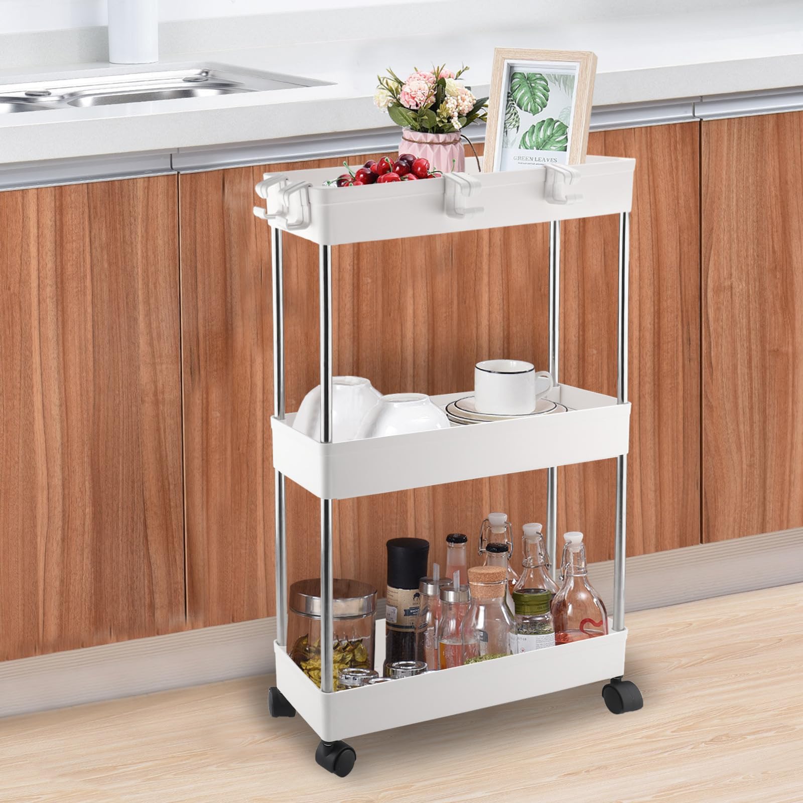 Foymlon Carrito de Almacenamiento, Carro Auxiliar con Ruedas giratorias de 360° para Baño, Cocina u Oficina, Lavadero, Dormitorio, Comedor Sala (Blanco) — view 3
