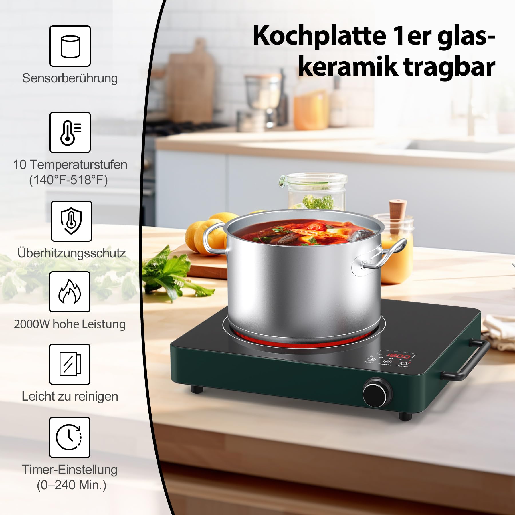 VBGK cerankochfeld 1 platte, tragbares 220-V-Touch- und Knopf-Elektrokochfeld, 2000-W-einzelnes Keramikkochfeld, 10 Leistungsstufen, Kindersicherung und 4-Stunden-Timer, tragbares Keramikkochfeld.