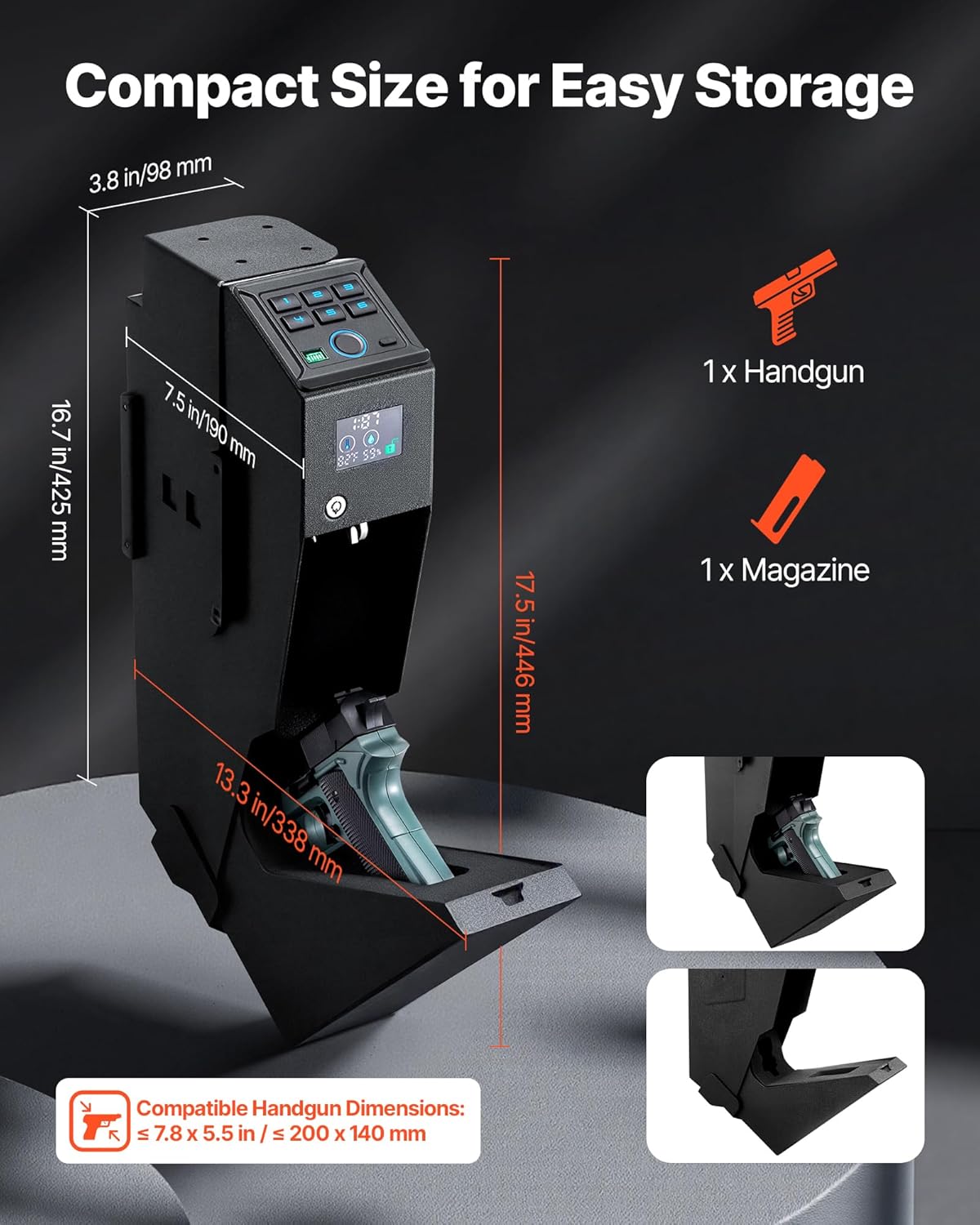 VEVOR Gun Safe, Slider Handgun Gun Safe with Screen, 3-Way Quick Access,Fingerprint/Password/Key, Firearm Case Box with LED for 1 Pistol & Magazine, Mounted Gun Box for Nightstand Bedside Desk Car