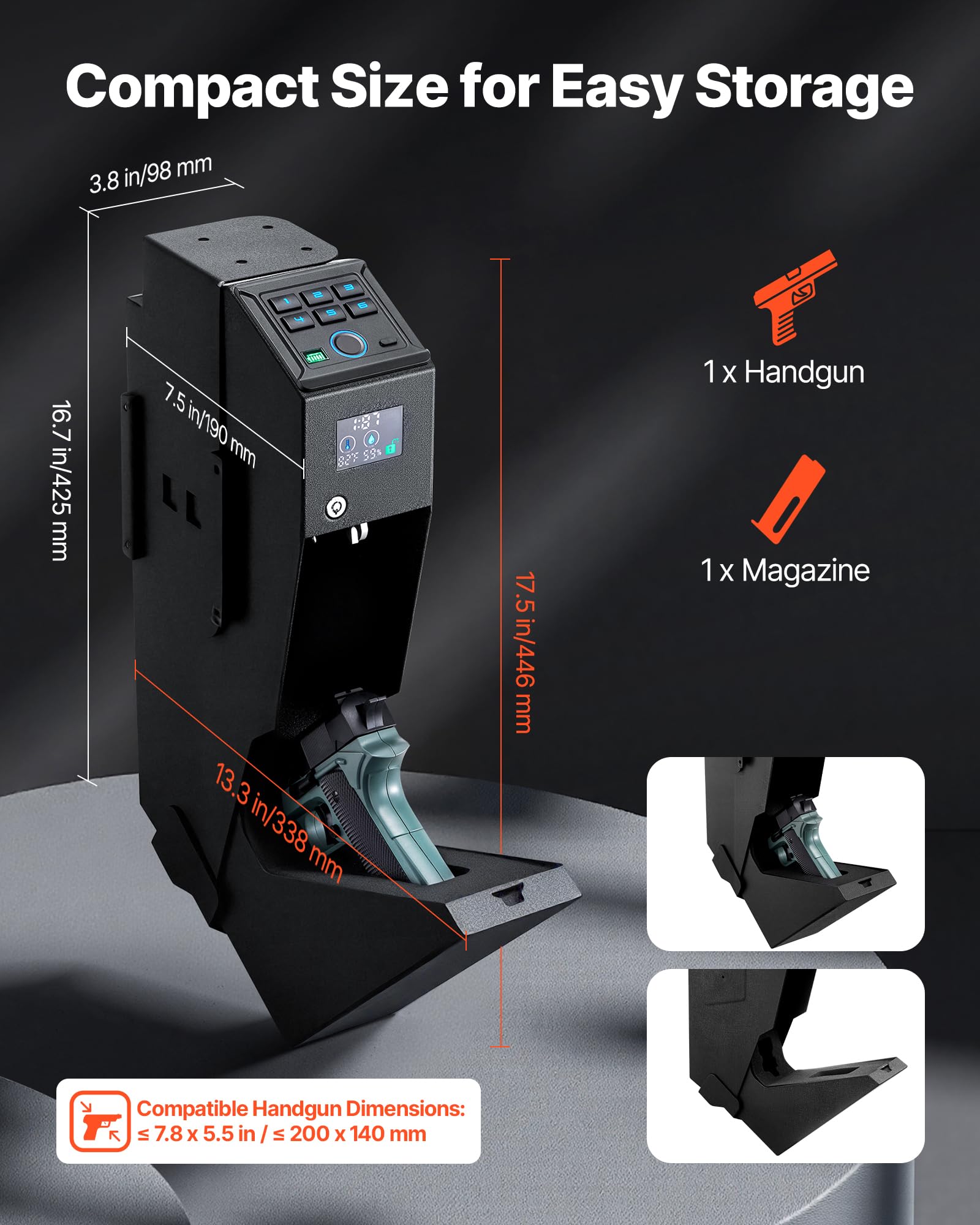 VEVOR Caja Fuerte para Pistolas de Acero, Acceso por Huella Dactilar, Contraseña y Llave, 1 Pistola y 1 Cargador, Negro