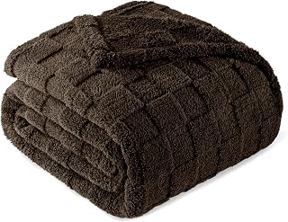 Exclusivo Mezcla King Size Flannel Fleece Blanket, Super Soft and Warm Lightweight Checkered Pattern Blankets for All Seasons, 90x104 Inches, Coffee