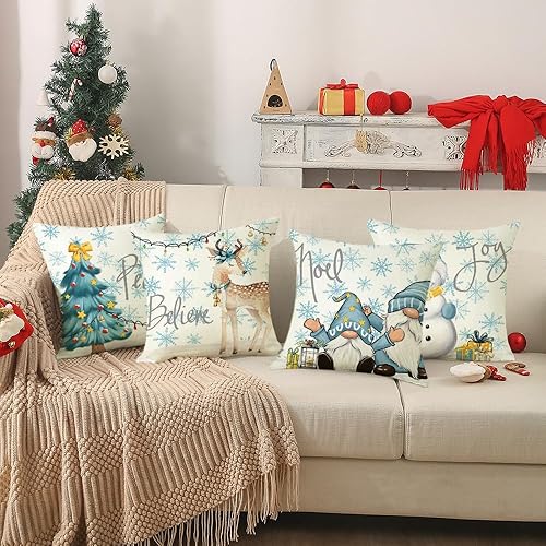 Miniatura 8 de Juego de 4 fundas de almohada de Navidad de 18 x 18 pulgadas, fundas decorativas de invierno, para sofá, decoración de casa rural (árbol de Navidad,