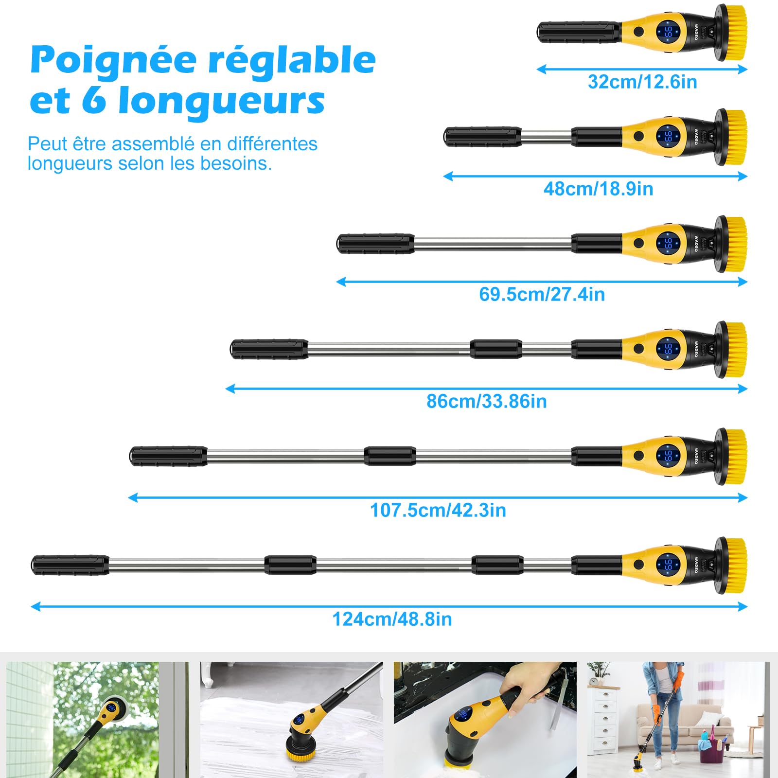 WADEO Brosse Électrique Rotative 17 Pièces - Kit de Nettoyage Multisurface avec 6 Types de Têtes et Poignée Réglable 360° - pour Salle de Bain, Carrelage, Sols, Cuisine, Voiture, Meubles