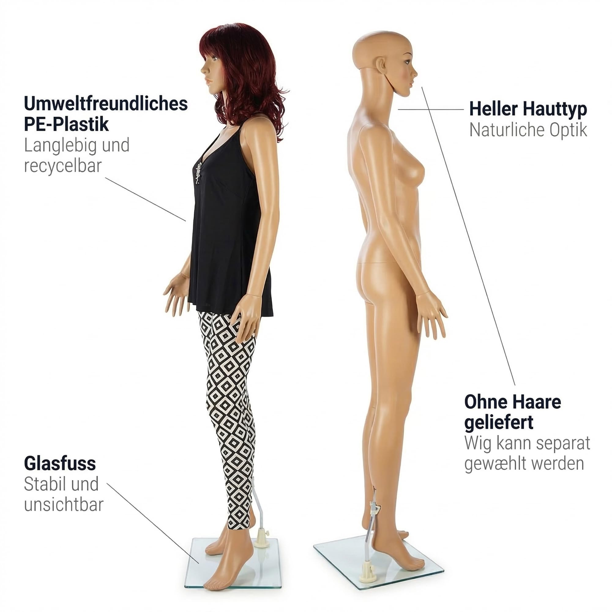 Mucola Schaufensterpuppe Weiblich 175 cm mit Glasfuß – Mannequin Konfektionsgröße 36-38, drehbarer Kopf, abnehmbares Haar | Schneiderpuppe PE-Plastik für Schaufenster, Boutique, Messe und Showroom