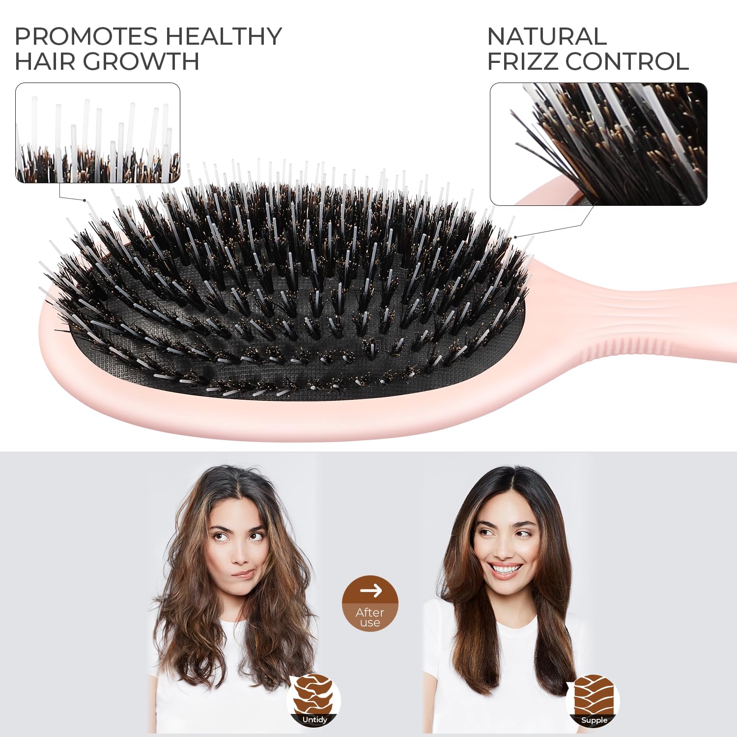 Glidease - Cepillo de cerdas de jabalí de lujo para mujeres y hombres, cepillo desenredante sin esfuerzo, ideal para todo el cabello grueso, fino y fino (rosa)