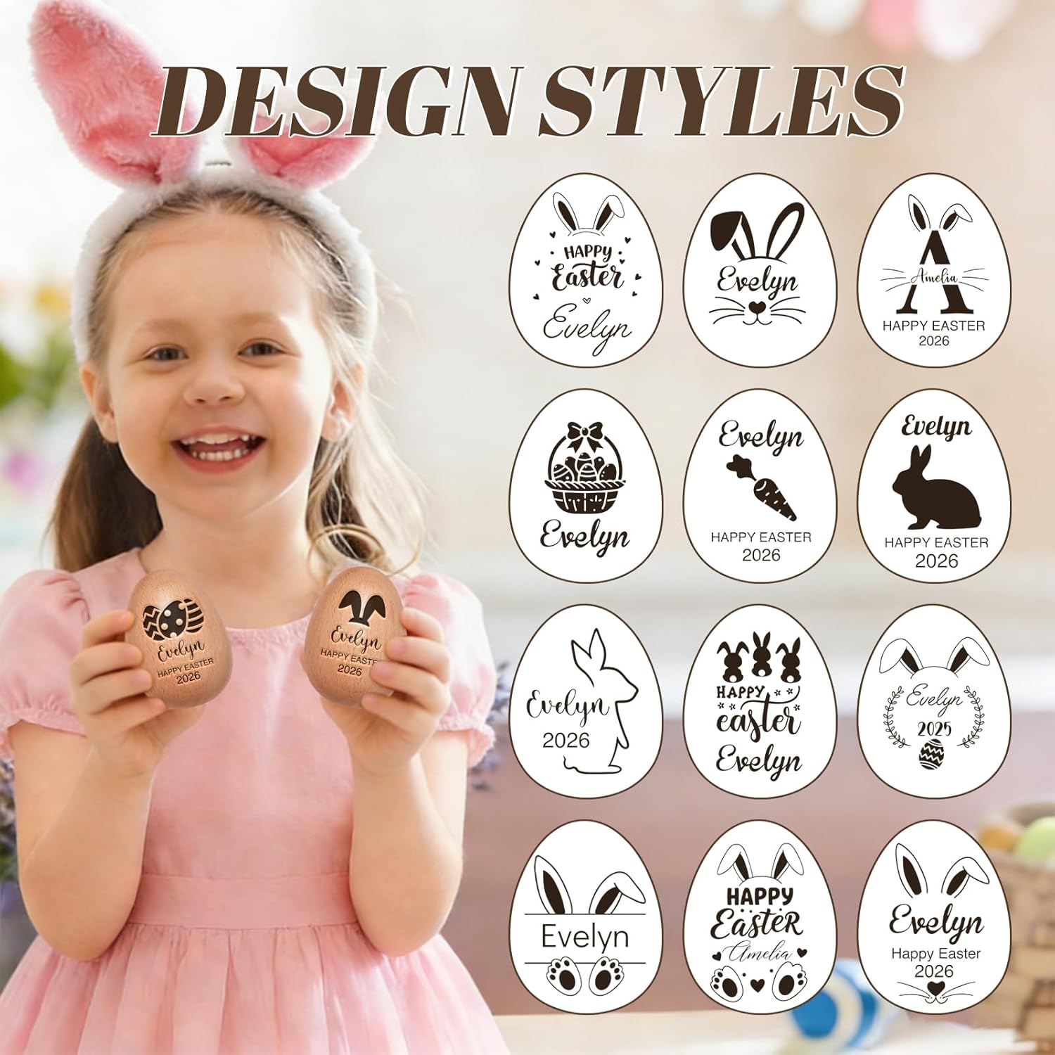 Custom Engraved Name,Personalized Musical Easter Egg Shakers for Babies Toddlers, Wooden Shaker Eggs Musical Instrument, First Easter Baby Gift