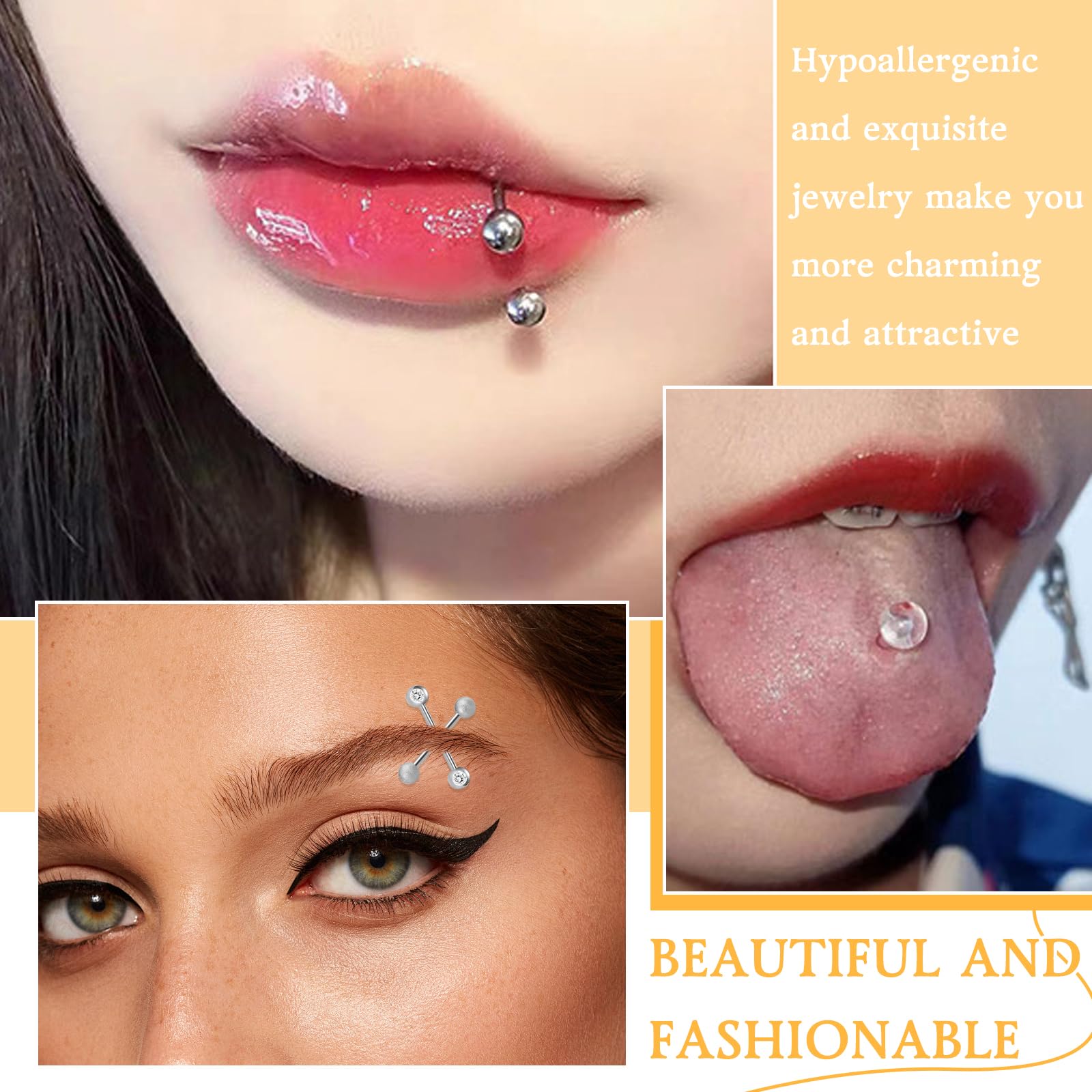 TYXHXTF 16Pcs Piercing per Capezzolo, Piercing Lingua Acciaio Chirurgico, Gioielli Piercing Corpo Argento per Piercing Barbells Donna