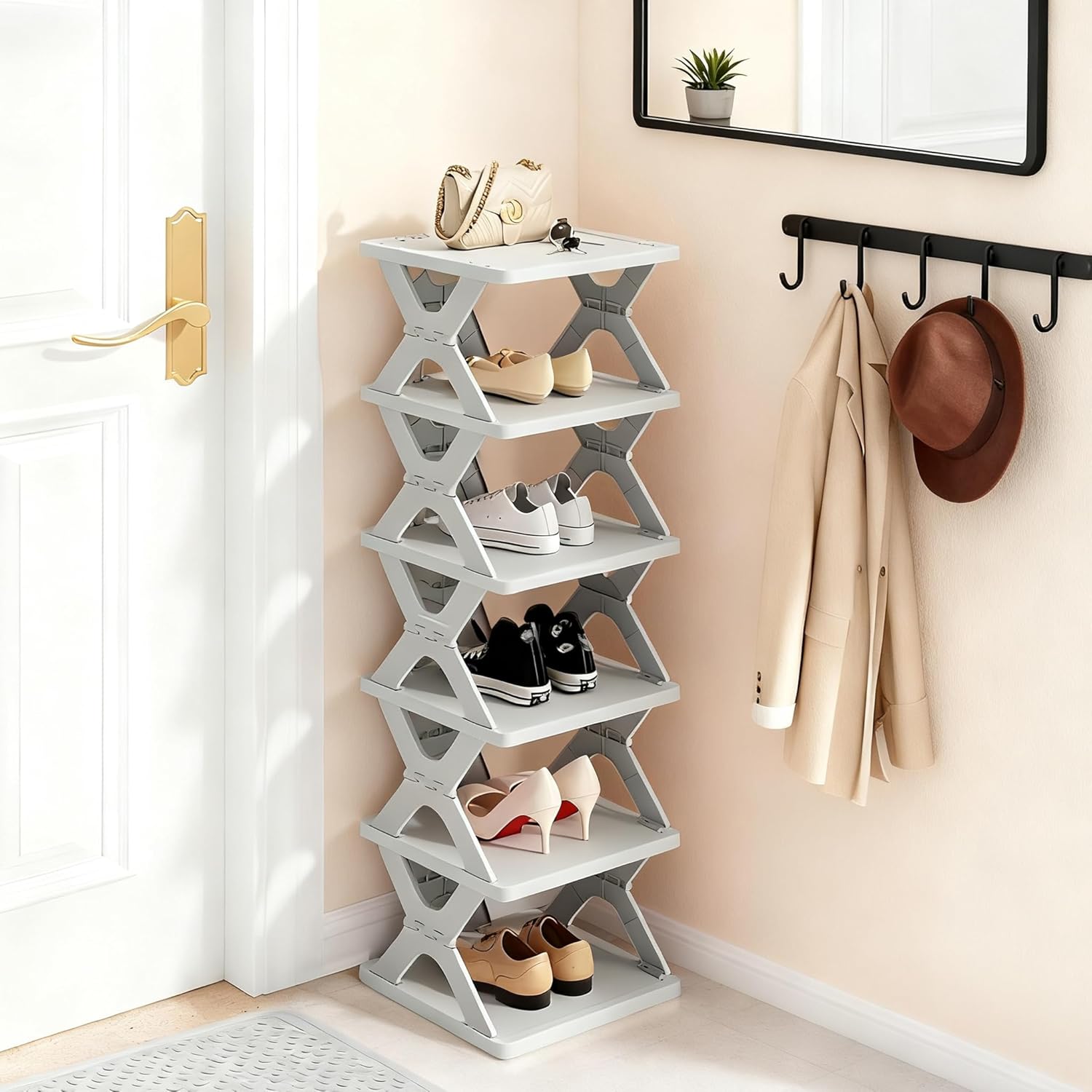 6 Tier Collapsible Kids Shoe Rack, Small Vertical Foldable Shoe Organizer for Front Door Entrance, Dorm, Bedroom, and Small Spaces (Grey-w)