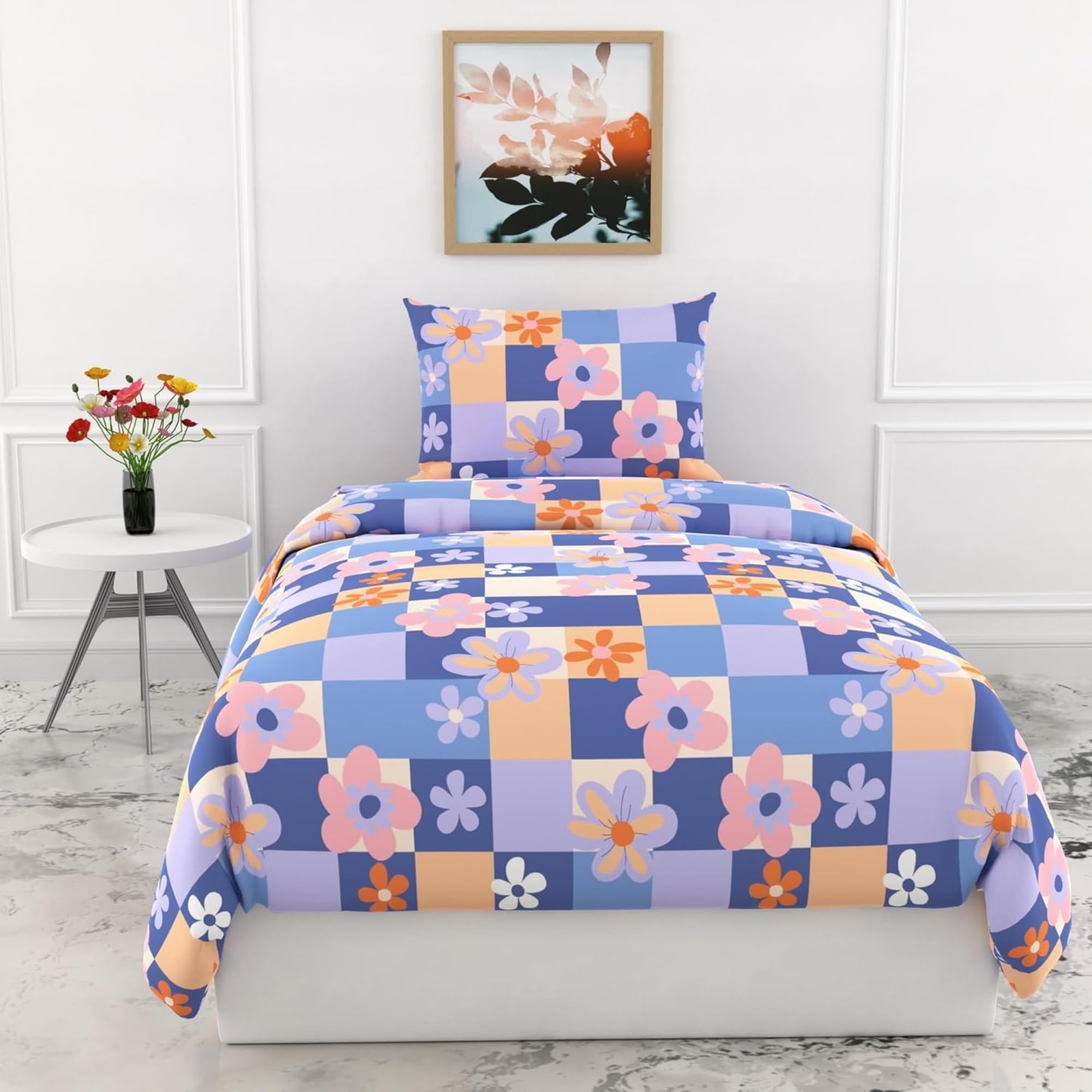 LORETO - A QUALITY LINEN BRAND 100% Pure Cotton Bedsheet for Single Bed, 144TC Soft & Breathable Single Bed Sheet with Pillow Cover (Pastel Floral Checkered, 54 x 84 Inches)