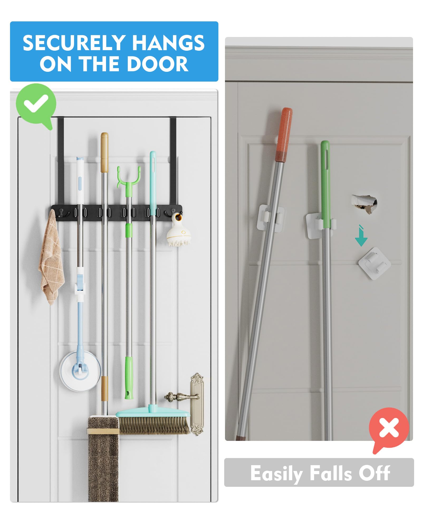 BS-VOG Over the Door Broom Holder, 4 Racks & 2 Hooks, Wood Mop & Broom Organizer - Image 2