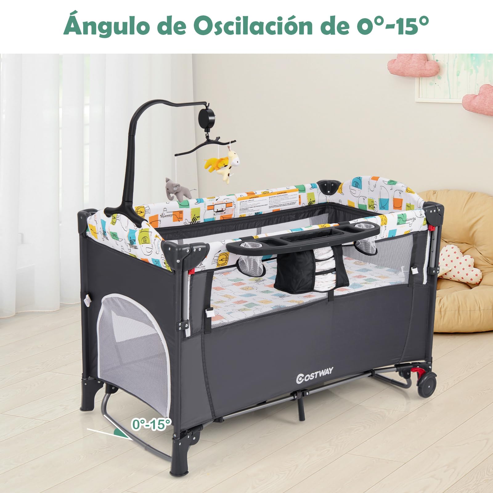 COSTWAY Cuna de Viaje Convertible 5 en 1 con Cambiador, Bolsillo de Almacenamiento, Centro de Guardería para Bebés, Juguetes Colgantes, Cuna Ajustable de 4 Niveles con Ruedas y Frenos (Gris)