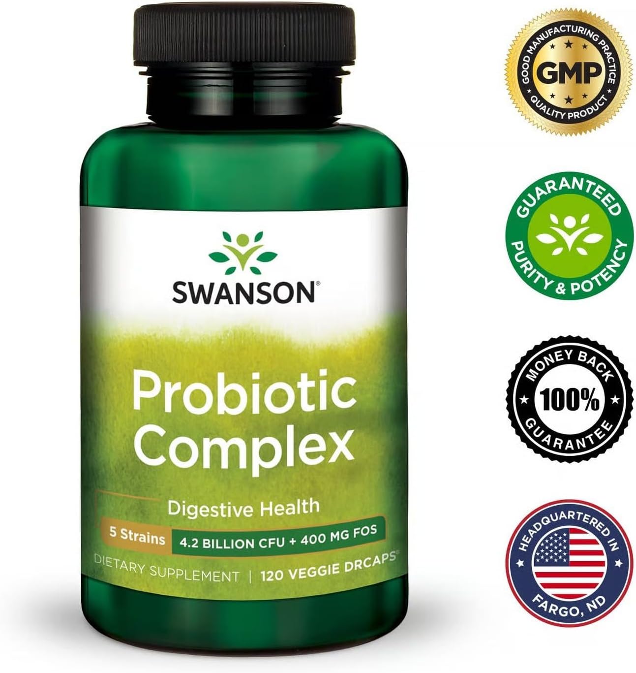 Swanson Probiotic Complex 4.2 Billion CFU 5-Strain Digestive Health Fat Metabolism Satiety Prebiotic FOS Complex Supplement 120 Veggie DRcaps