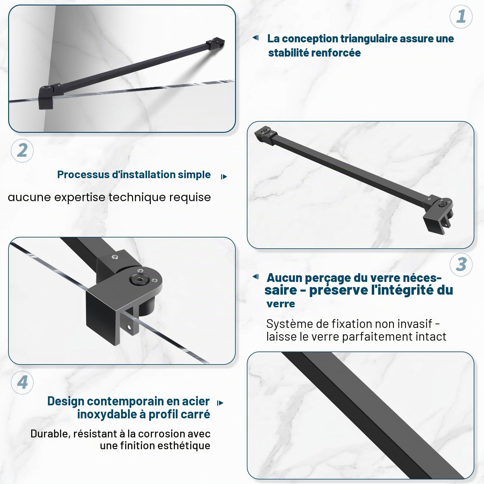SVNR Barre de support pour écran de douche en acier inoxydable, 500 mm, rotative à 180°, épaisseur du verre de 6 à 10 mm (noir mat)