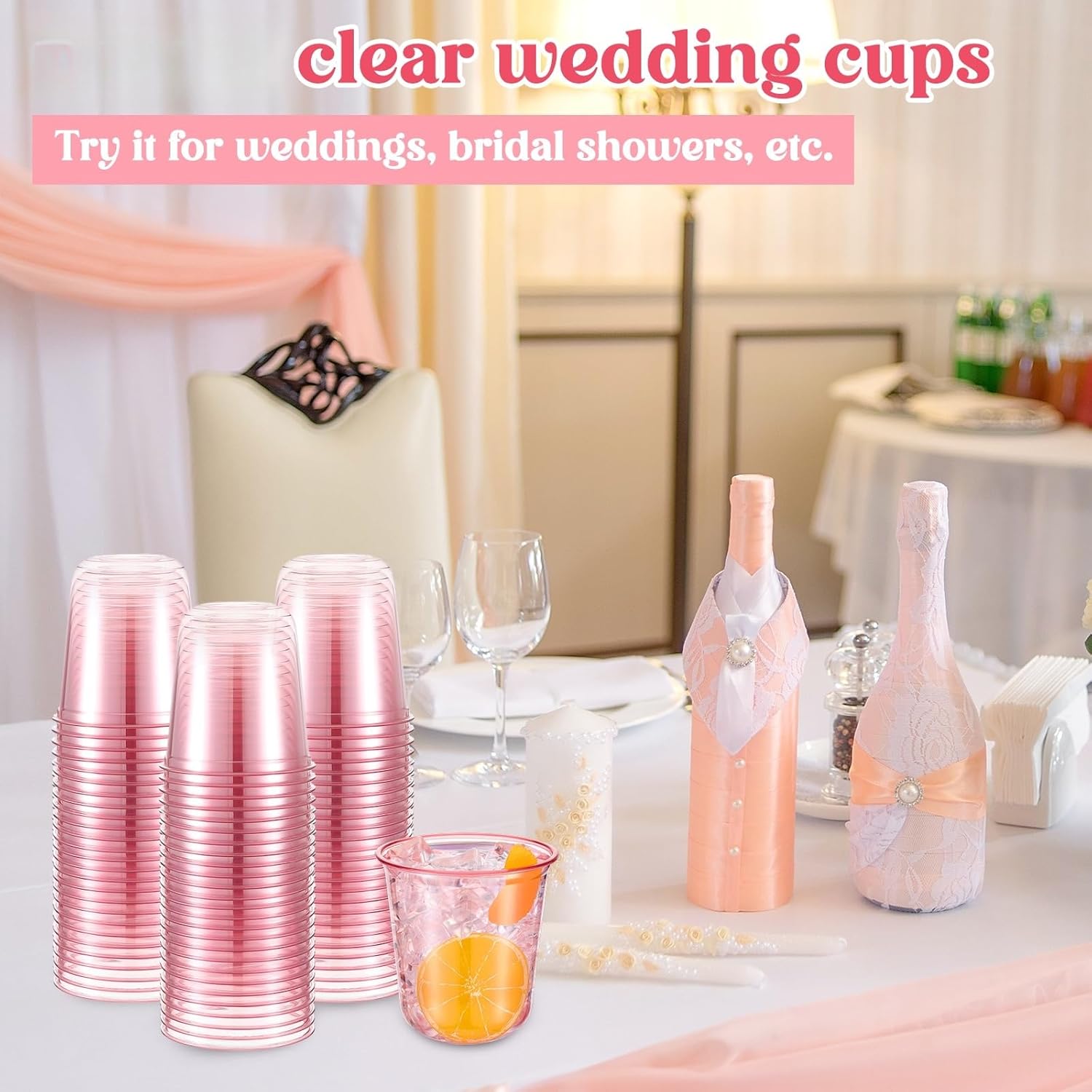 100 Pcs Disposable Stemless Glasses 12oz Crystal Plastic Wine Glasses Clear Classic Pet Cup for Meeting Weddings Birthdays Cocktail Christmas Party Supplies (Pink) - Image 5