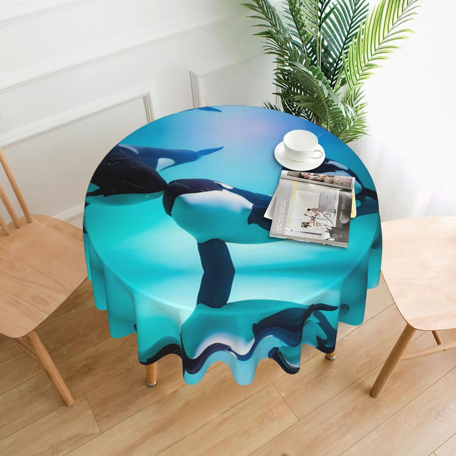 WHJSHOP killer whale Prints Round Decorative Tablecloth 60in – High-Grade Polyester Throw Cover for Dining Table Protection & Elegant Home Decor