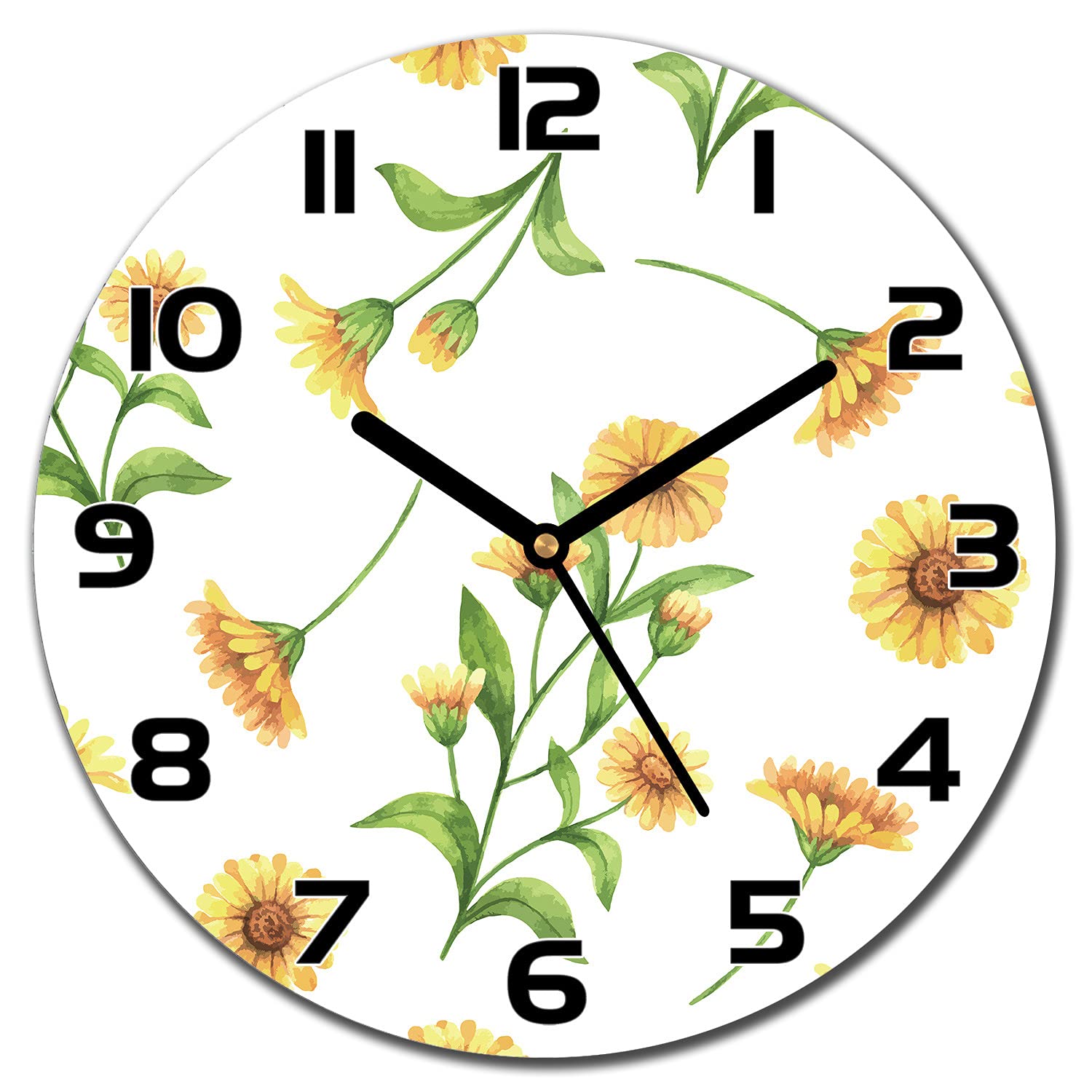 Horloge en verre trempé de sécurité Calendula avec mécanisme silencieux et aiguilles noires