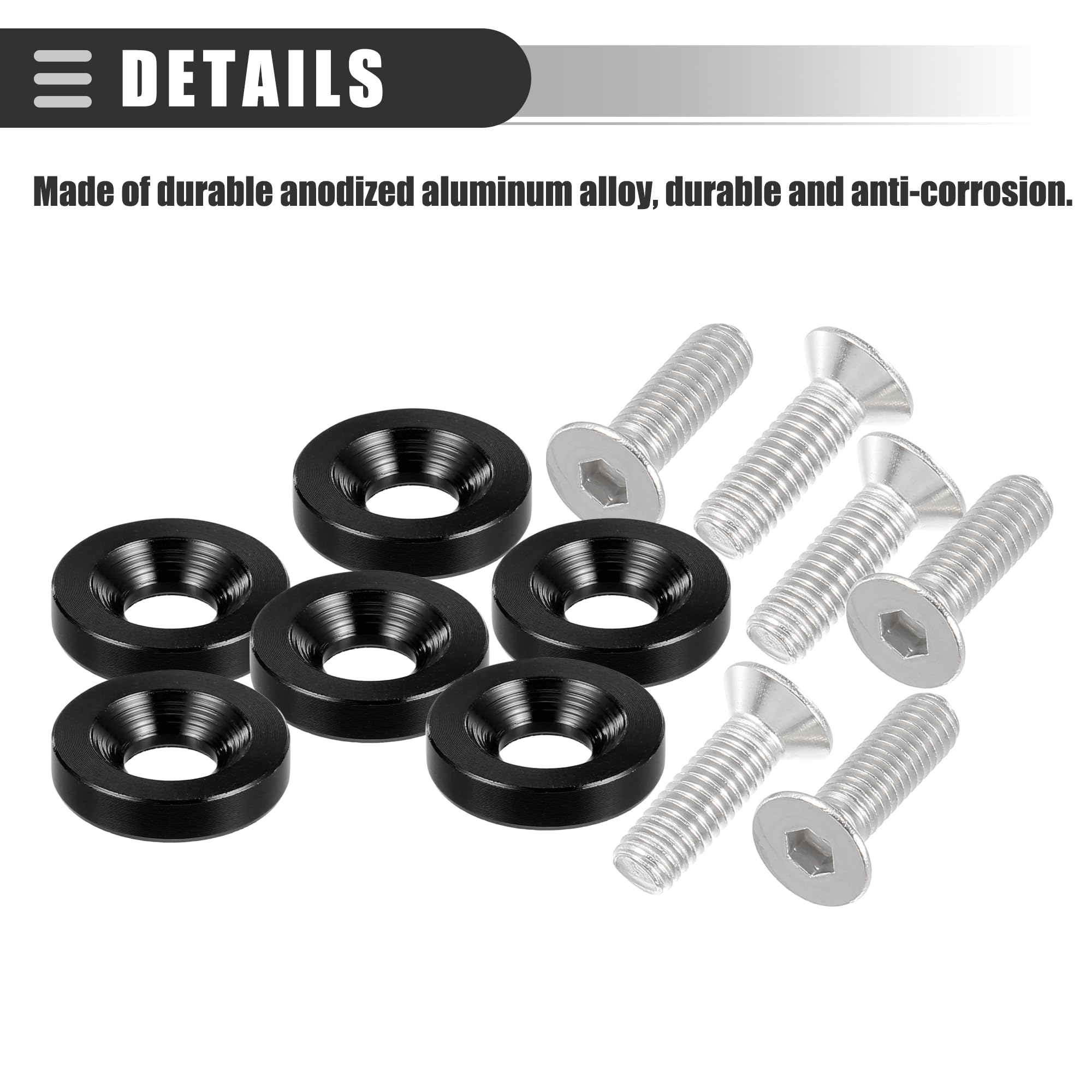 Motoforti Rondelle di Finitura Universali a Testa Svasata per Parafanghi, paraurti, Kit di Fissaggio per Motociclette, M6, Lega di Alluminio, Nero, 6 pezzi