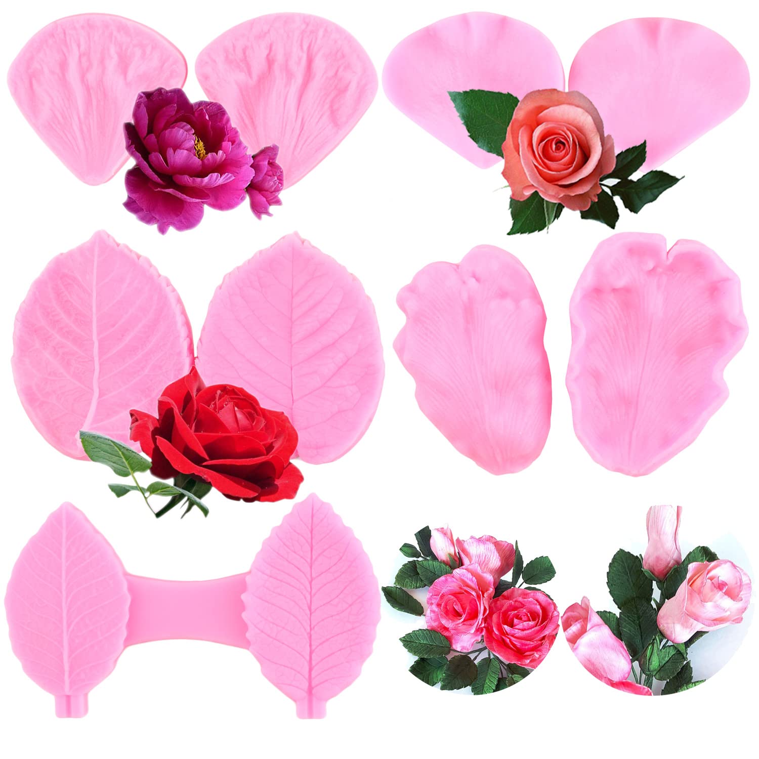 Gumpaste Flower Silicone Veining Mold Fondant Rose Veined Mold Gum Paste Peony Flower Mold Leaves Veining Mold For Cake Decorating Cupcake Topper Candy Chocolate Polymer Clay Set Of 5