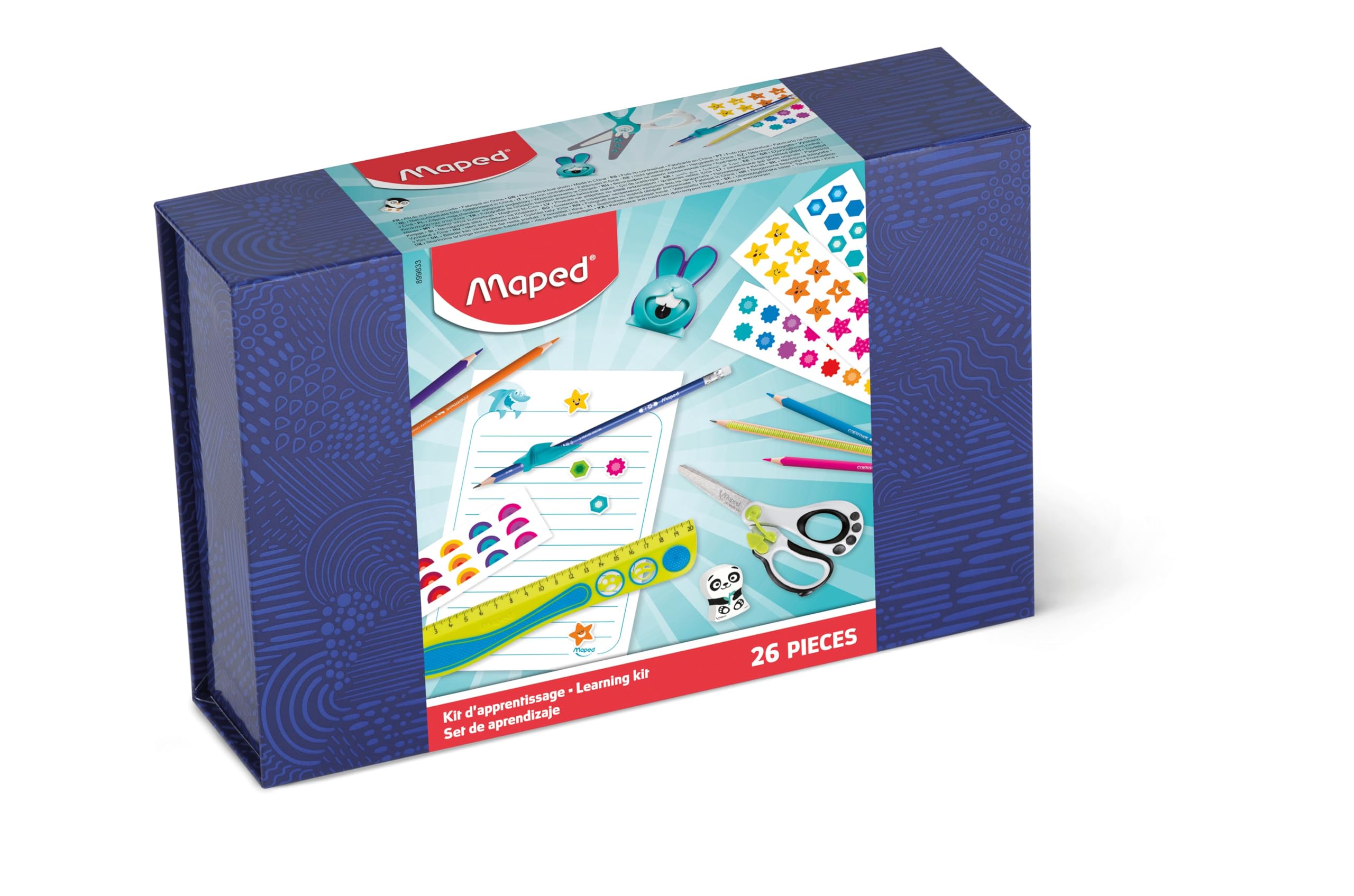 Maped - 26-piece Kidy Kit Writing Set - Coloured Pencils, Scissors, Erasers, Sharpeners, Ruler, Pencils and Finger Guide - Writing Book + 4 Sheets of Stickers