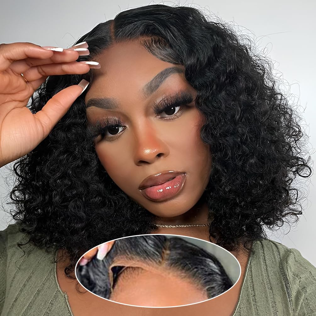 Amygirl Wear and Go Glueless Wigs Human Hair Pre Plucked Pre Cut Bob 4x4 Curly Wave Lace Front Wig 180% Density No Glue Human Hair Wigs for Black