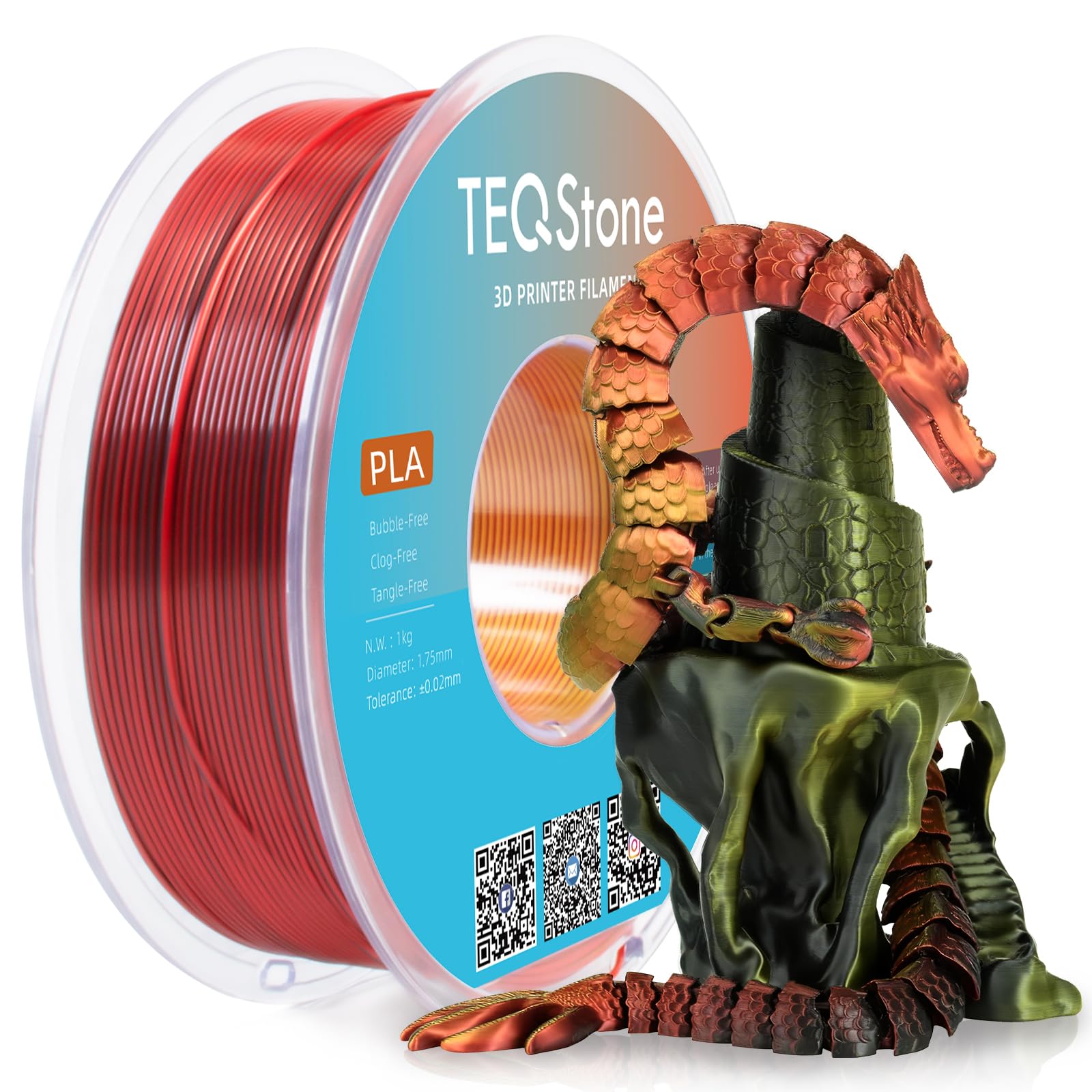 Tri Color Silk PLA Filament 1.75mm Red Gold Black 1KG, Shiny High Gloss Finish, Seamless Color Transition, Neatly Wound, Accuracy +/-0.02mm Vacuum Packaging
