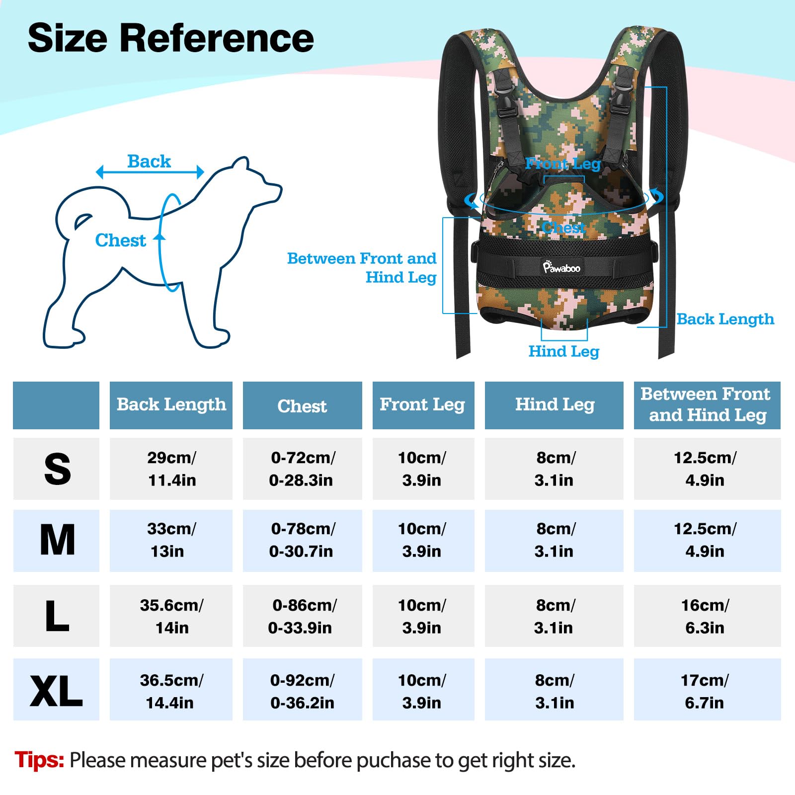 Pawaboo Zaino Frontale per Cani, Trasportino per Cani con Zampe Fuori, Pettorina Regolabile Facile da Indossare per Canis di Taglia Piccola e Media, Mani Libere per Viaggi, Escursioni, M, Camo