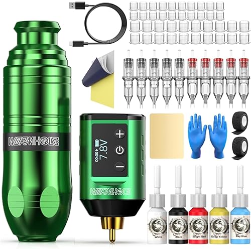 Wormhole Wireless Tattoo Practice Machine Kit Tattoo Pen Kit Complete Tattoo Kit Rechargeable Cordless Tattoo Power Supply Portable 1500mAh with LED Digital Display for Tattooist WTK261
