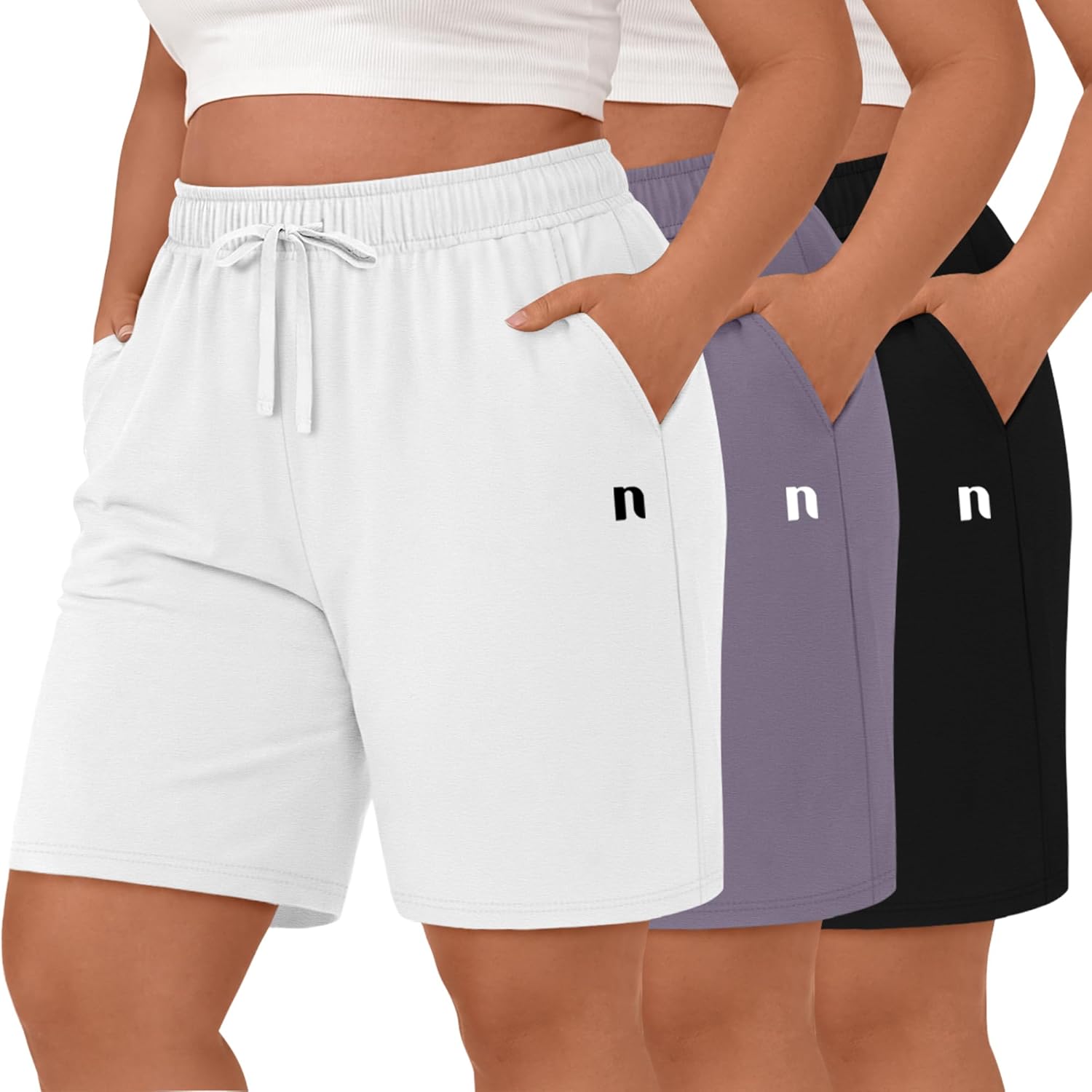 Neer 3 Pack Plus Size Women's Bermuda Shorts Cotton Drawstring High Waisted Casual Athletic Sweatpants Shorts with Pockets