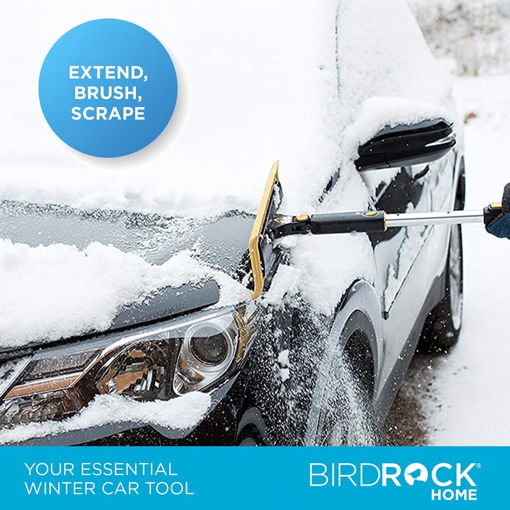 BIRDROCK HOME 55" Extendable Snow Brush & Ice Scraper for Car Windshield - Long Aluminum Grip for Truck, SUV - 14" Foam Head - Safe on Auto & Windows - Wide Frost Remover - Yellow