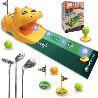 Upgraded Kids Golf Set with Tiger Ball Returner, All-in-One Indoor/Outdoor Mini Golf Set for Boys & Girls Ages 3-8, Toddler Golf Clubs, LED Light-Up Balls & Putting Mat