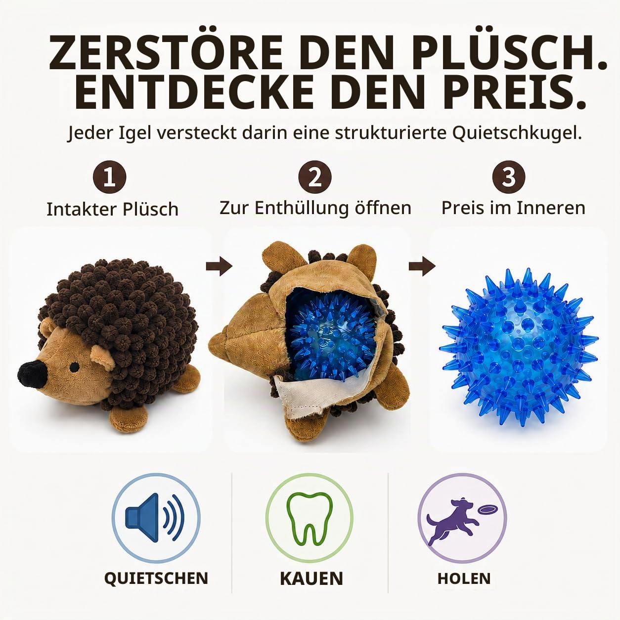 Plüsch-Igel-Hundespielzeug, 3 Stück, quietschender Igel für kleine und mittelgroße Hunde – halten Sie Ihren Welpen mit mehrfarbigen Farben, geeignet für drinnen und draußen