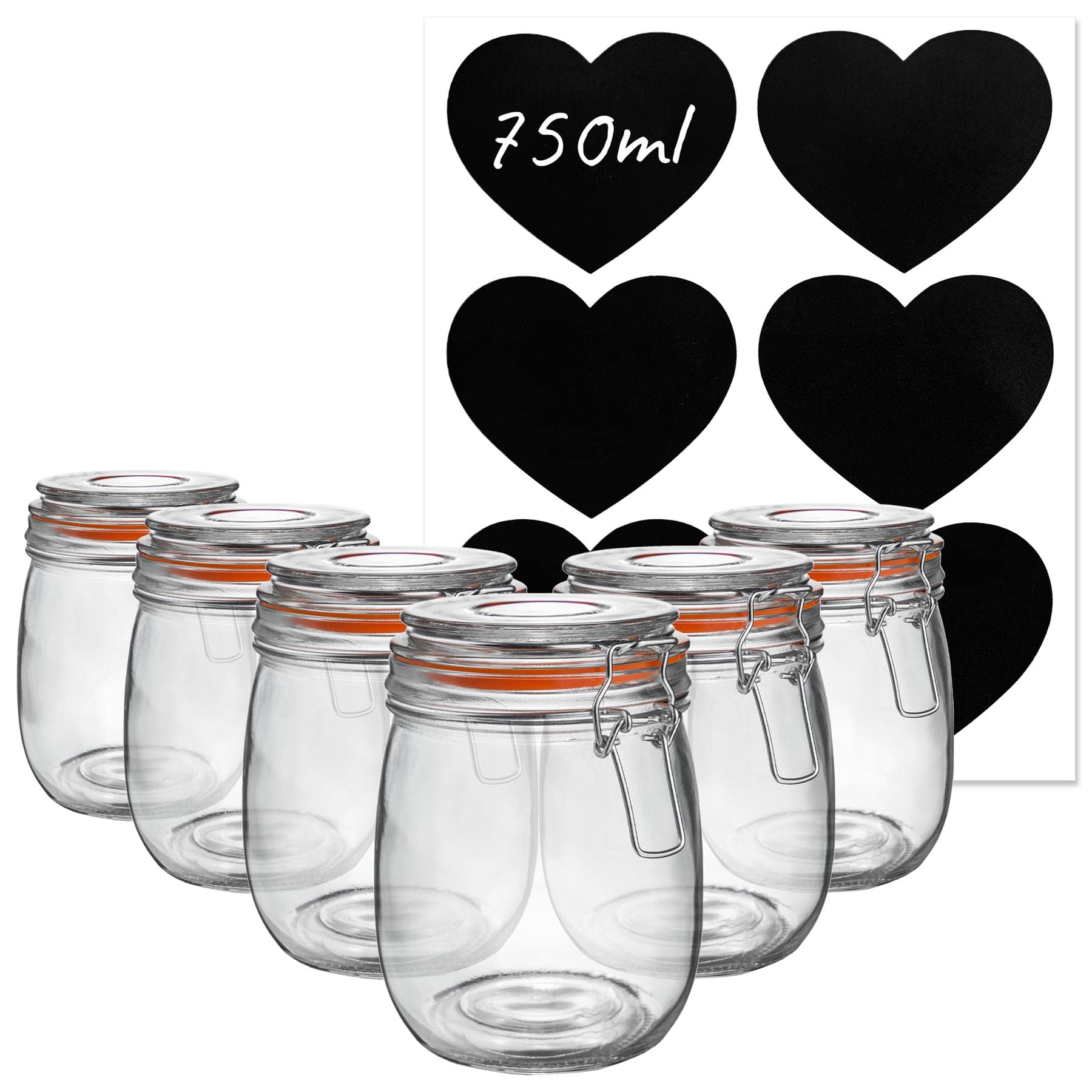 Argon Tableware Transparent Glass Storage Jars With Labels - Vintage Food Preserving Container - Clip Lid - 750Ml - Orange, White, Clear & Black Seals - Pack Of 6