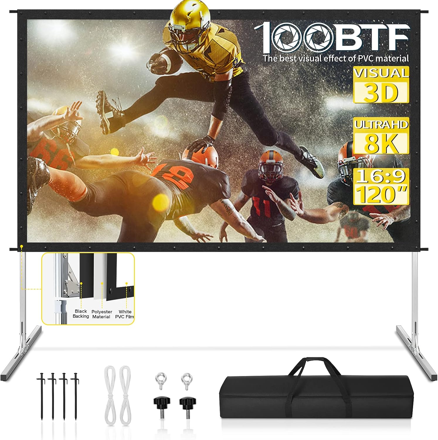 Projector Screen and Stand 120 inch Outdoor Projector Screen with Stand Upgraded PVC 3 Layers with Black Backing 4K HD 16:9 Projection Screen, Portable Front Movie Screen for Home Theater Backyard Projector Screen and Stand 120 inch Outdoor Projector Screen with Stand Upgraded PVC 3 Layers with Black Backing 4K HD 16:9 Projection Screen, Portable Front Movie Screen for Home Theater Backyard