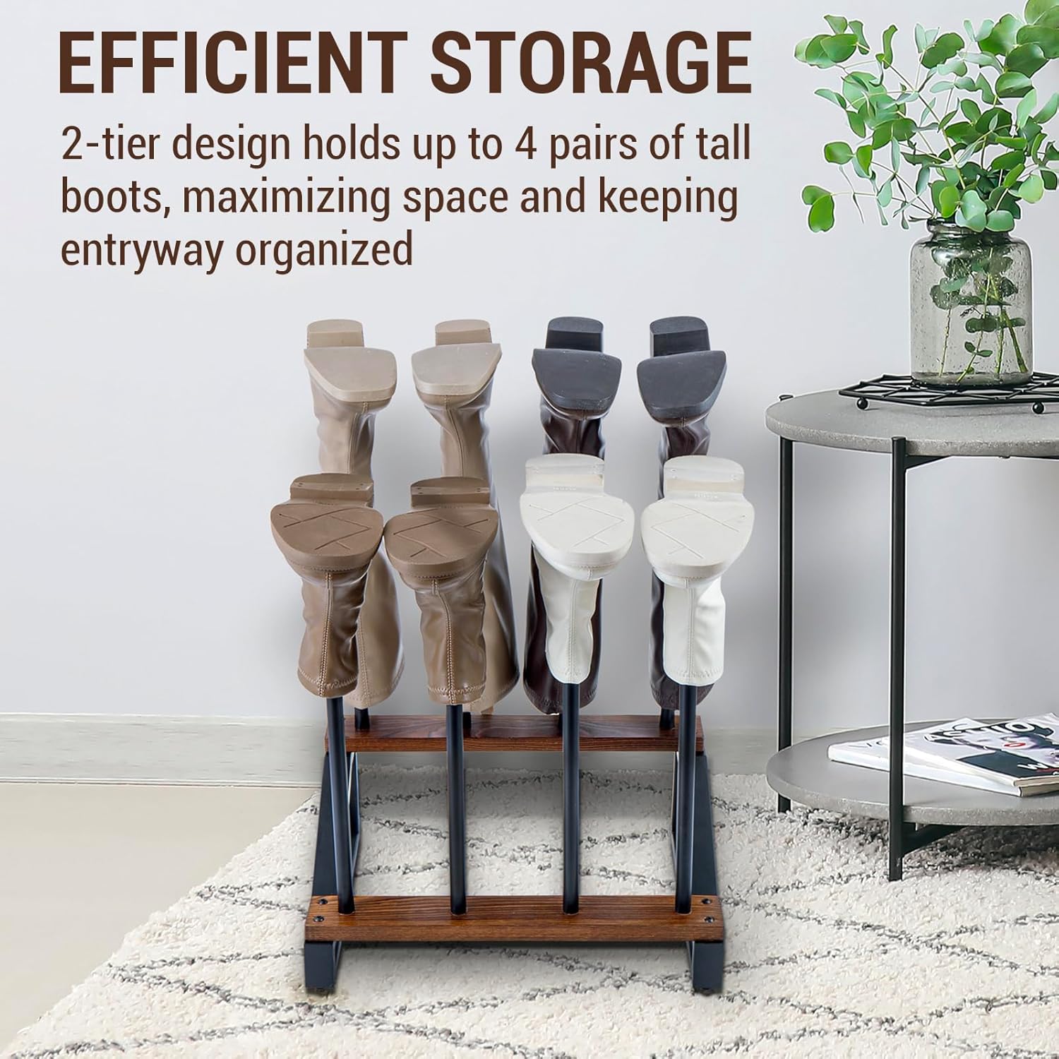 MyGift 2 Tier Modern Rustic Floor Standing Boot Holder Rack, Industrial Black Metal and Burnt Solid Wood Entryway Shoe Organizer Stand, Holds 4 Pairs of Tall Boots