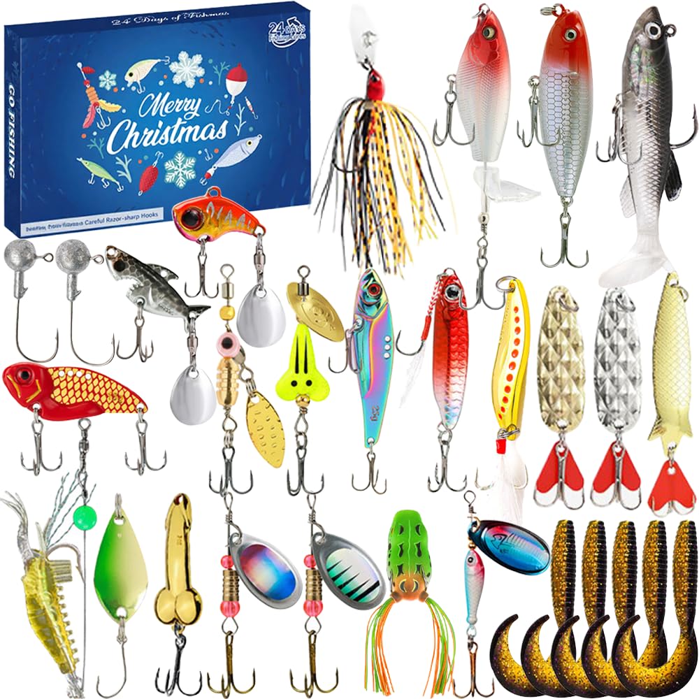 Fishing Advent Calendar 2025 Men, 24 Days Fishing Calendar Christmas Calendar Fishing Set, Fishing Advent Calendar 2025 for Men, 24 Days Fishing Lures Set for Fisher Adult Men, 2025 Xmas Surprise Gift