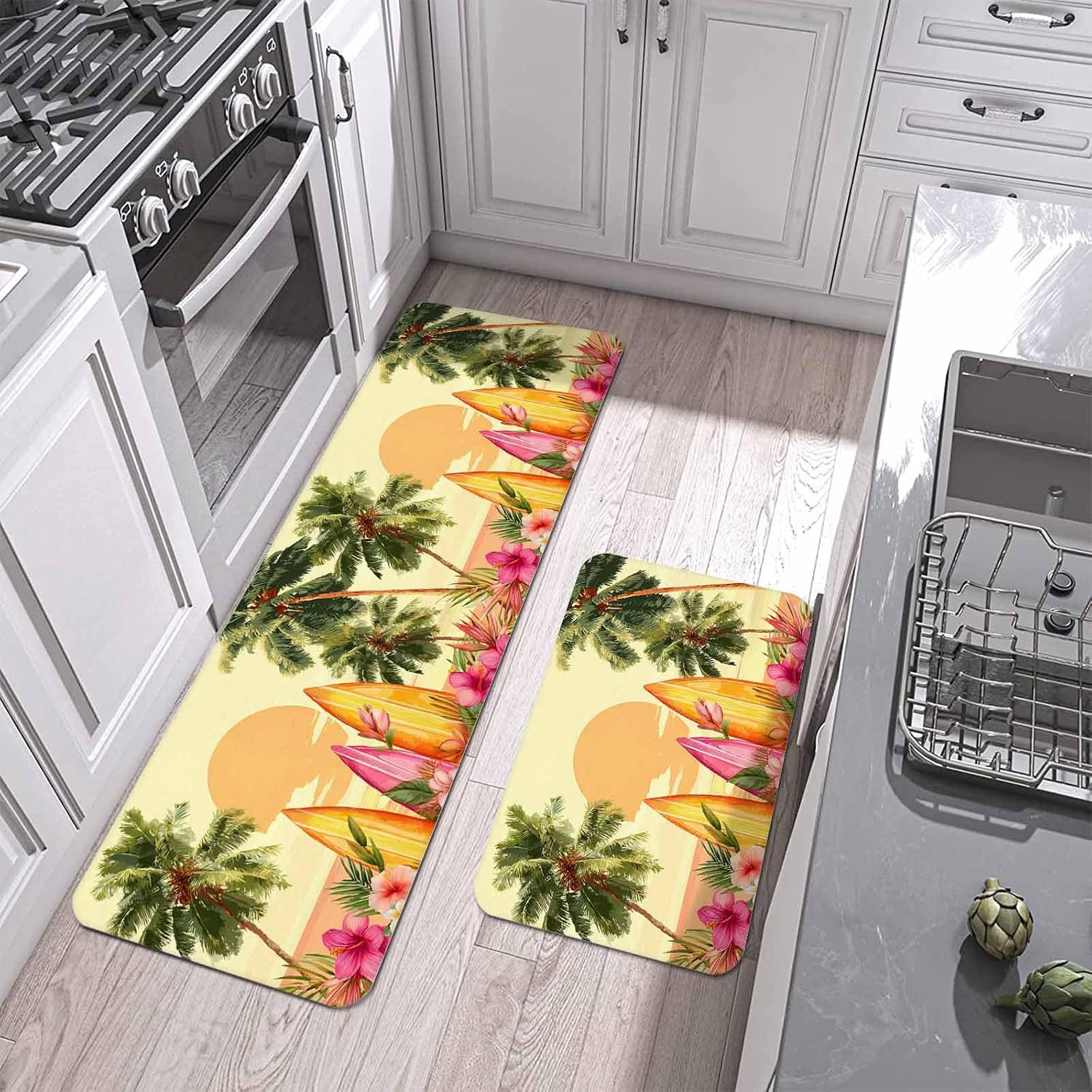 Summer Sunset Kitchen Mat Set 2 Pieces Coconut Trees Pink Flower Surfboard Tropical Plant Yellow Non Slip Kitchen Rugs Washable Runner Rug Mats for Sink Laundry (15.7" x 23.6"+15.7" x 47.2")