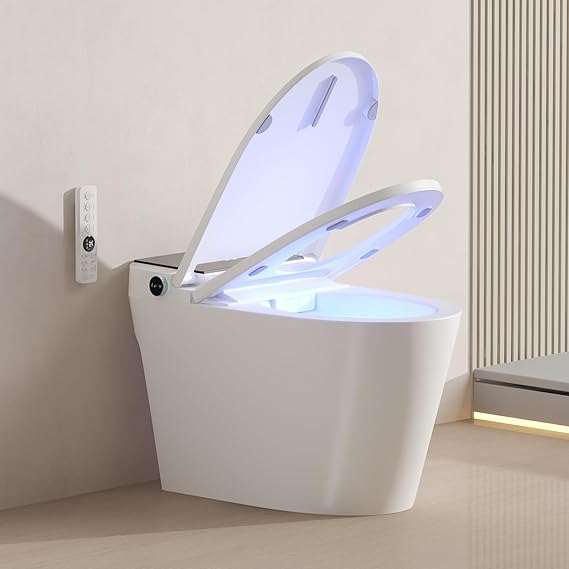 Smart Toilet with Built-In Bidet, Heated Seat, Dual Auto Flush, Warm Water & Dry Function, Tankless Design, Foot Sensor, Night Light, and Wireless Remote Control
