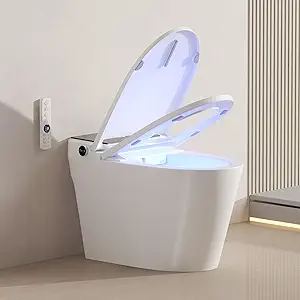 Smart Toilet with Built-In Bidet, Heated Seat, Dual Auto Flush, Warm Water & Dry Function, Tankless Design, Foot Sensor, Night Light, and Wireless Remote Control