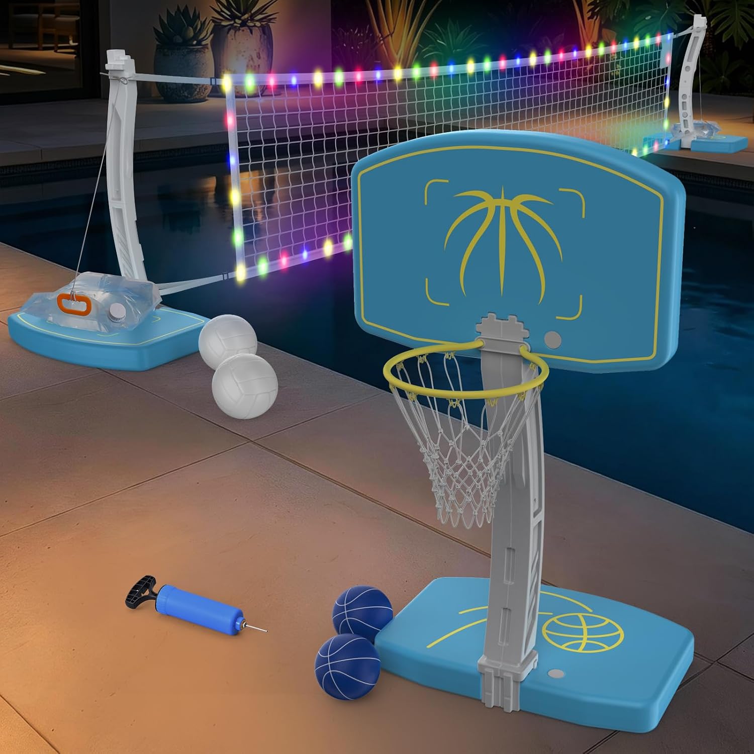 2-in-1 Pool Basketball Hoop & Pool Volleyball Set, LED Pool Volleyball Net for Inground Pools, Poolside Basketball Hoop with Stainless Steel Pool Basketball Goal, Summer Swimming Pool Games