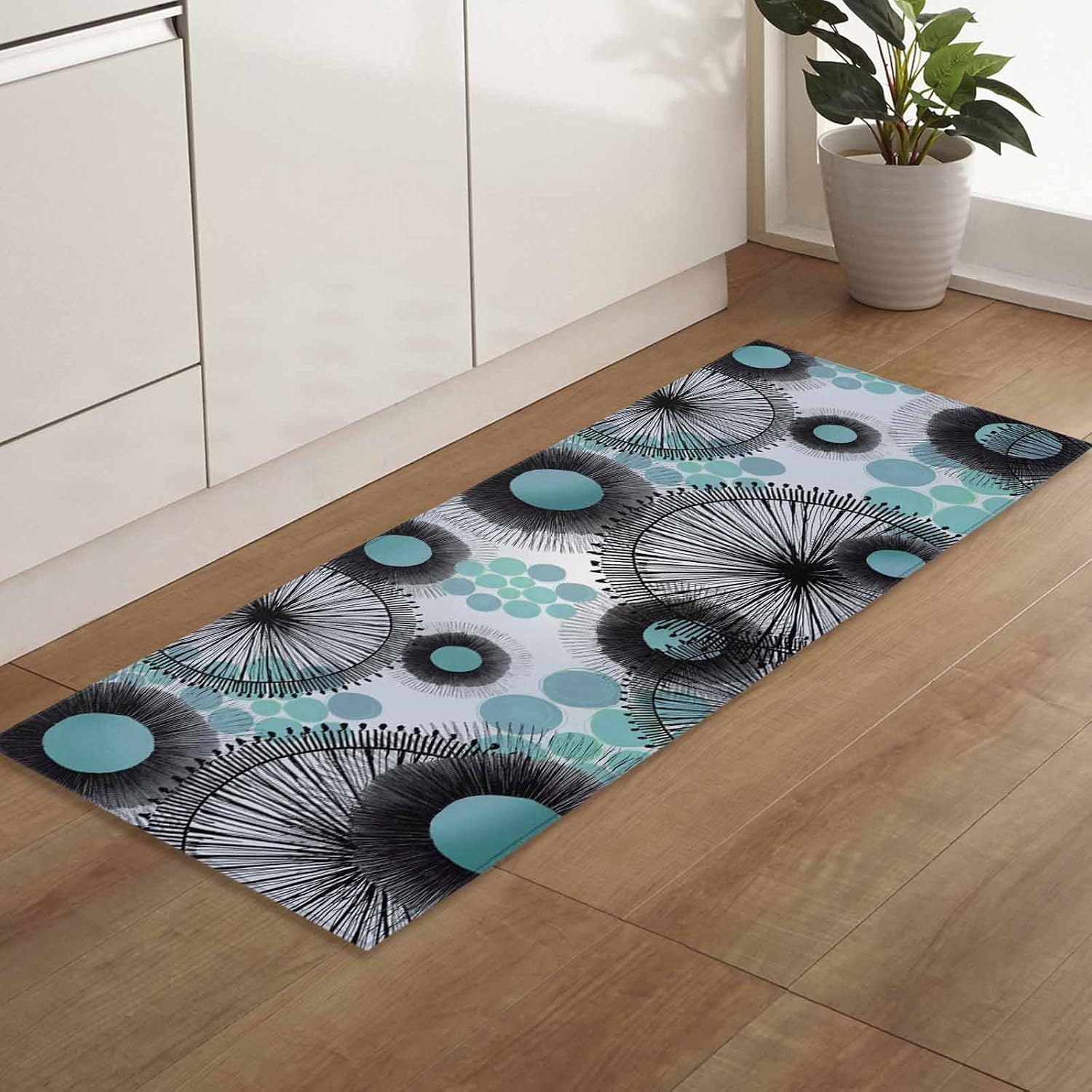 Teamery Kitchen Mats for Floor Boho Blue Flower Green Color Block Washable Non Slip Kitchen Rugs 1PCS, Abstract Minimalist Art Absorbent Standing Mats for Sink Bathroom Office Living Room 23.6x70.9in