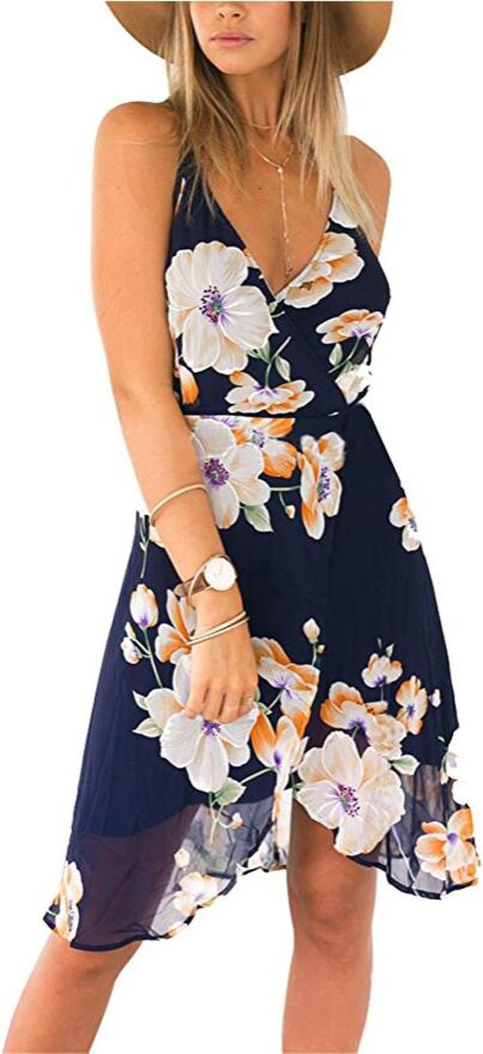 Women Chiffon Sexy Strapped Deep V-Neck Print Backless Summer Style Dress (XL, Navy Blue)