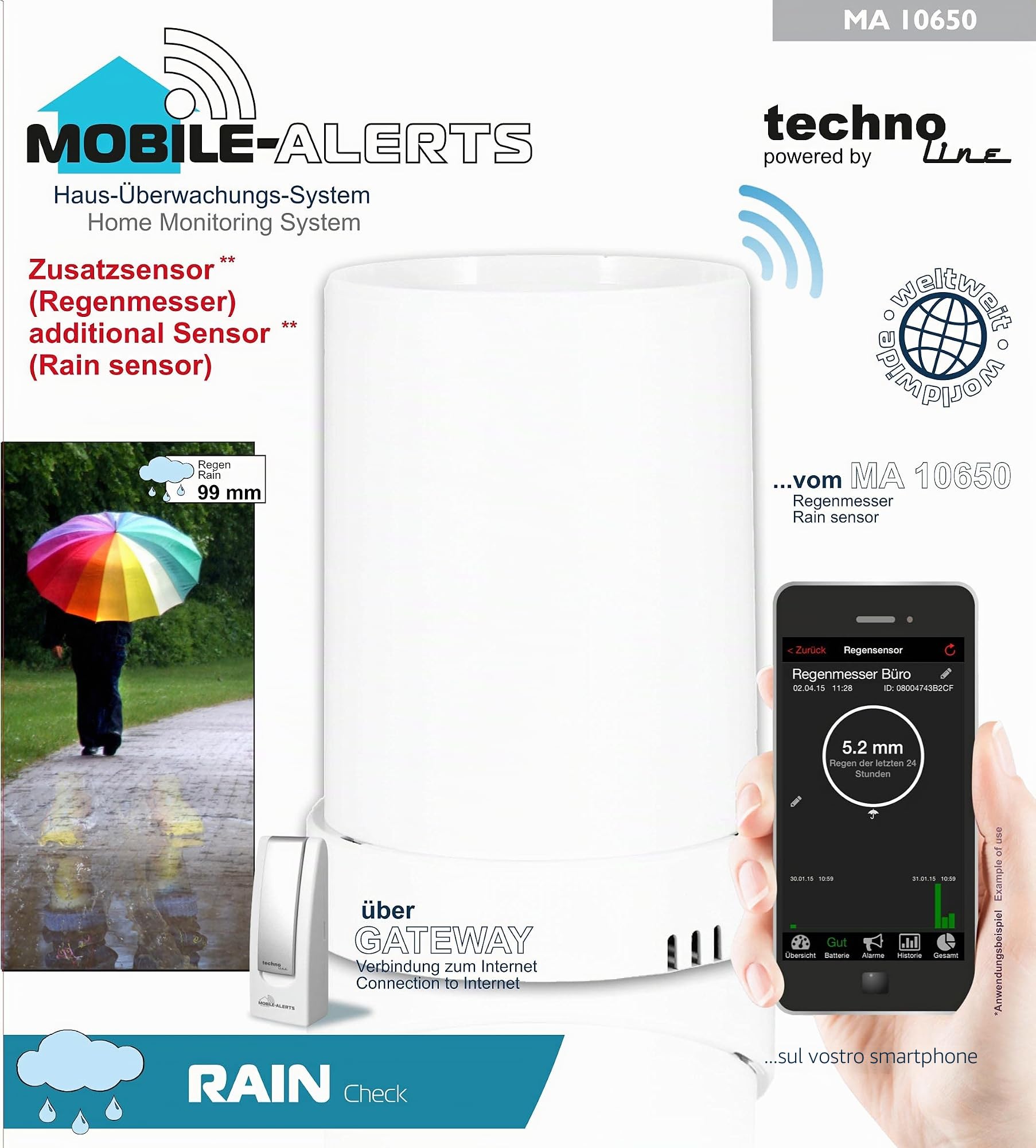 Technoline MA 10040 - Pluviometro completo, gateway e sensore di pioggia radio con app gratuita per smartphone, colore: Bianco