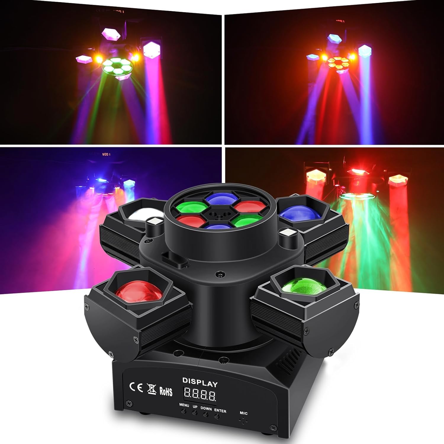 Moving Head DJ Lights,100W 4IN1 RGBW LED Moving Head Light with 6 Lighting Effects,4 Arms Stage Moving Head Lights for Sound Activated DMX512 DJ Stage Light for DJ Party Disco KTV Club